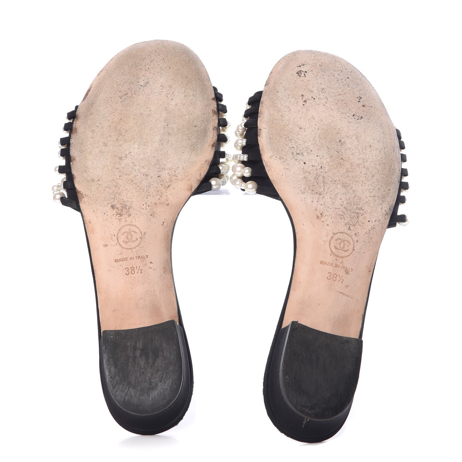 Chanel Satin Pearl Flat Sandals 38.5 Black 7 of 12