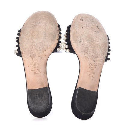 Chanel Satin Pearl Flat Sandals 38.5 Black 7 of 12