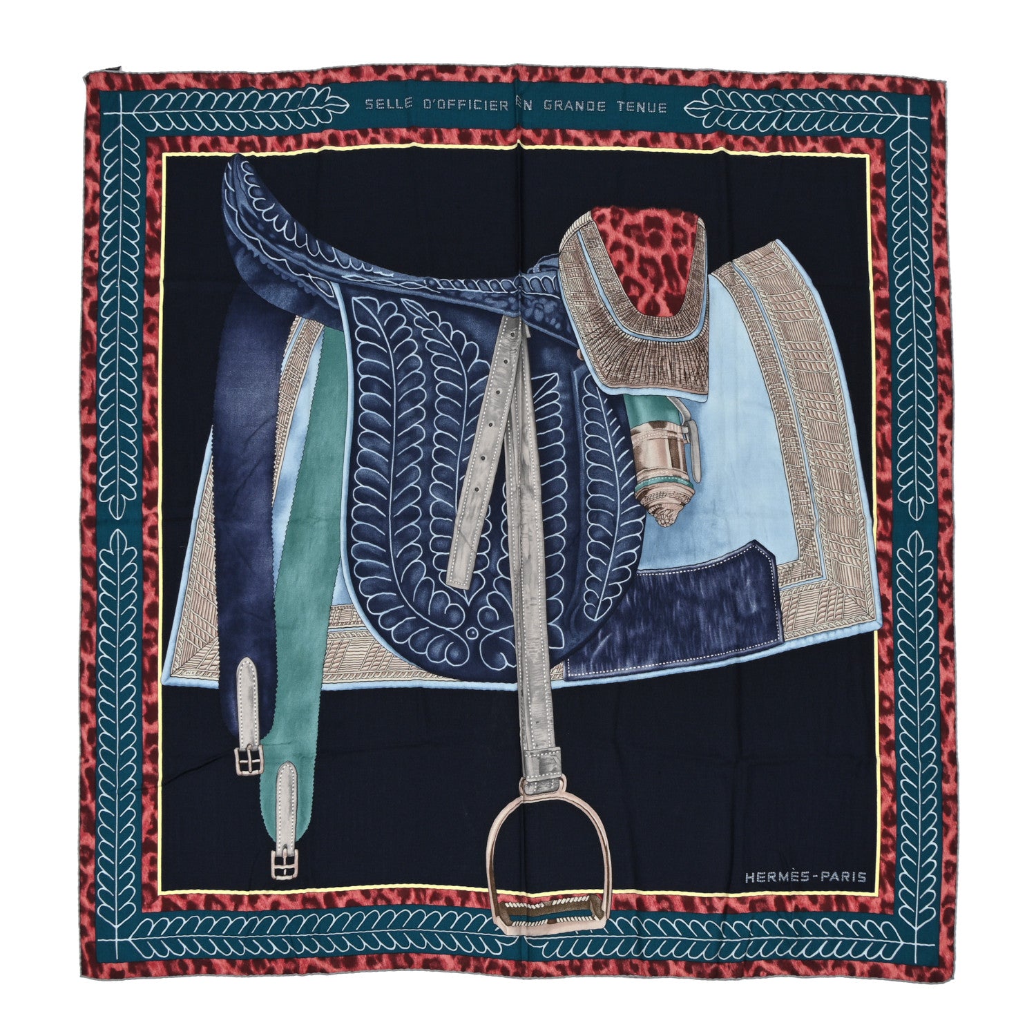 Hermes Cashmere Silk Selle d'Officier En Grande Tenue Shawl 140 Marine Petrole Ciel 1 of 6
