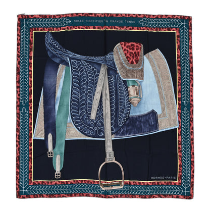 Hermes Cashmere Silk Selle d'Officier En Grande Tenue Shawl 140 Marine Petrole Ciel 1 of 6
