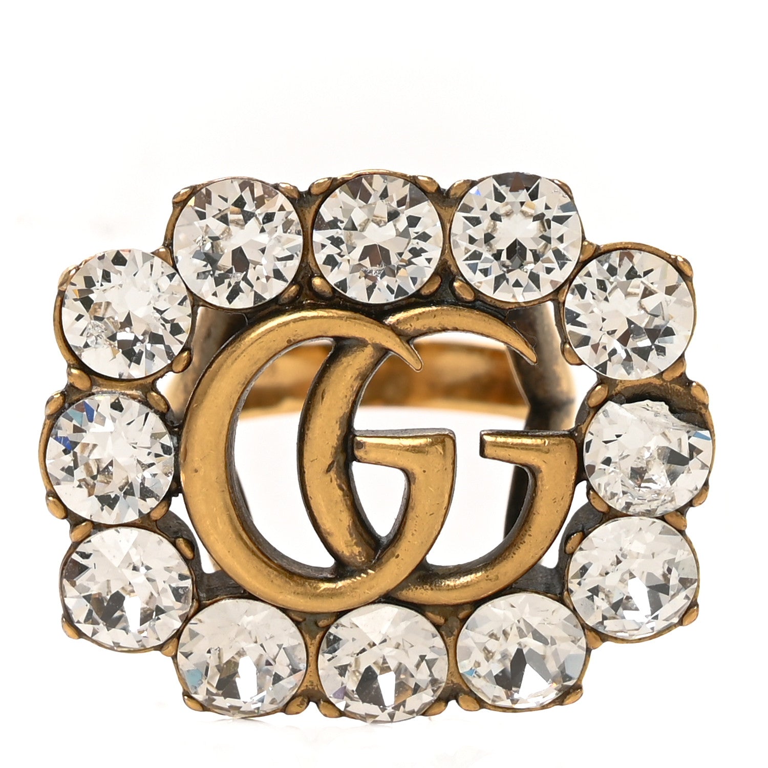 Gucci Metal Crystal Double G Ring 58 8.25 Aged Gold 1 of 6