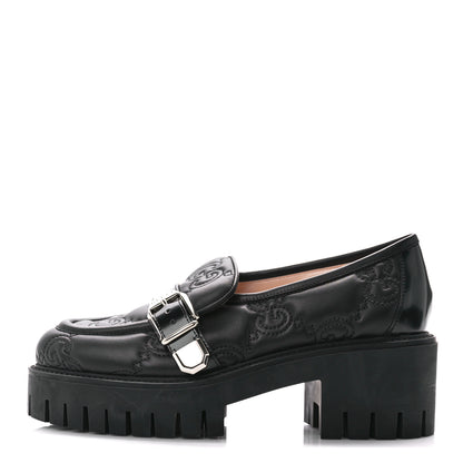 Gucci Nappa Cordovan Lux GG Matelasse Buckled Platform Lug Sole 60mm Loafers 37.5 Black 1 of 9