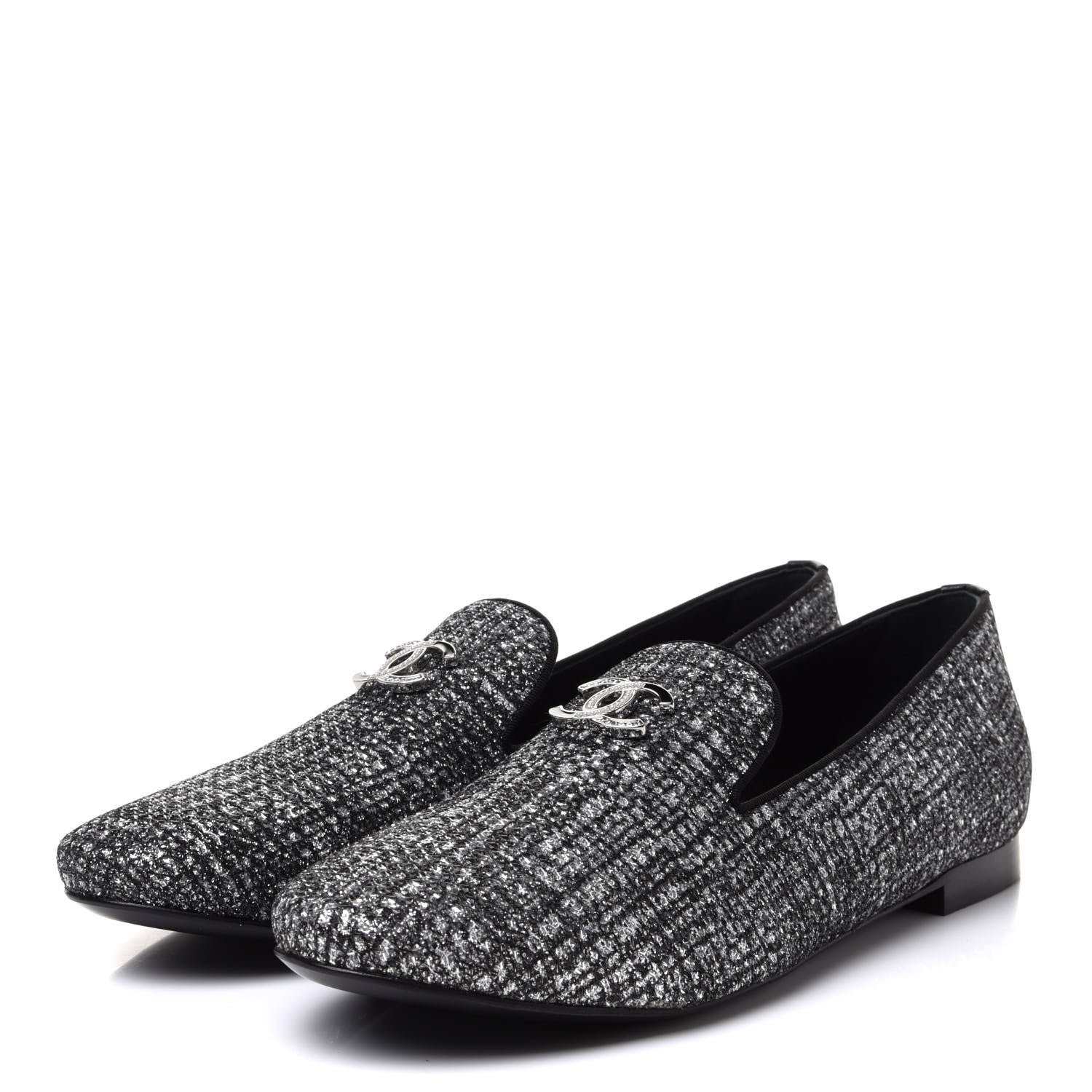 Chanel Fantasy Fabric Grosgrain CC Mocassin Loafers 41 Silver Black 3 of 9