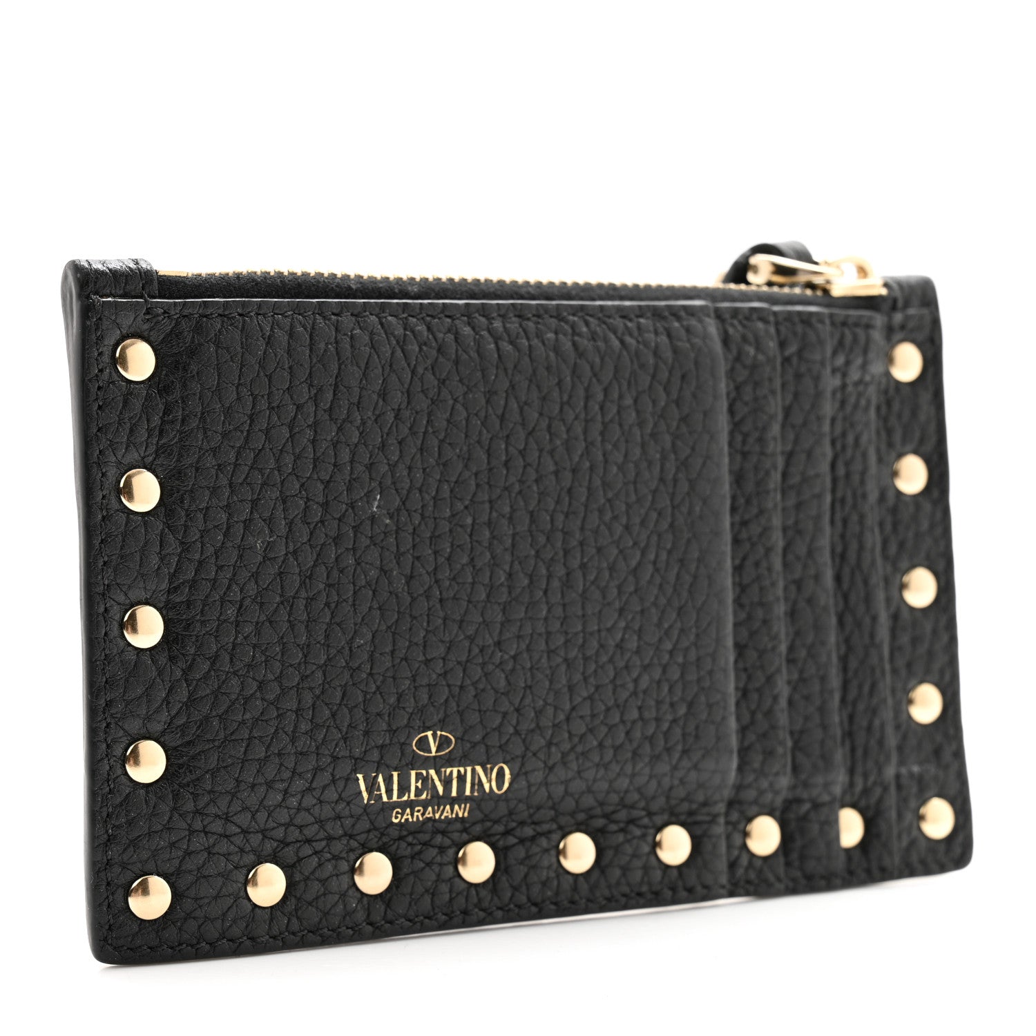 Valentino Garavani VALENTINO GARAVANI Pebbled Calfskin Rockstud Coin Case Card Holder Black 3 of 8