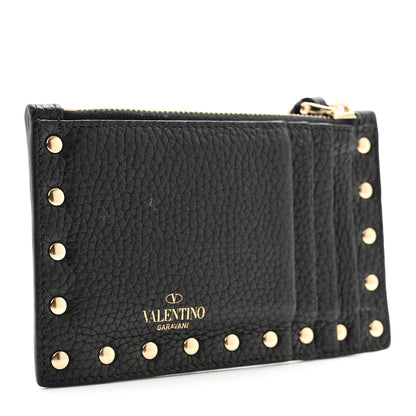 Valentino Garavani VALENTINO GARAVANI Pebbled Calfskin Rockstud Coin Case Card Holder Black 3 of 8