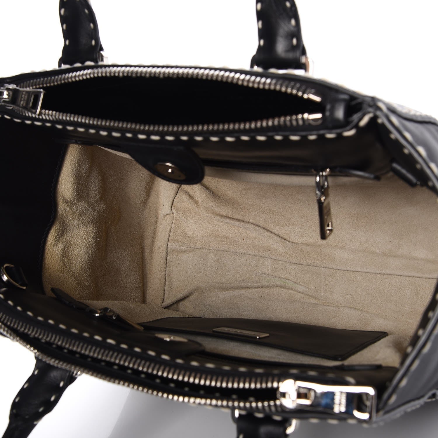 Prada City Calf Small Stitched Twin Pocket Tote Black White 5 of 11