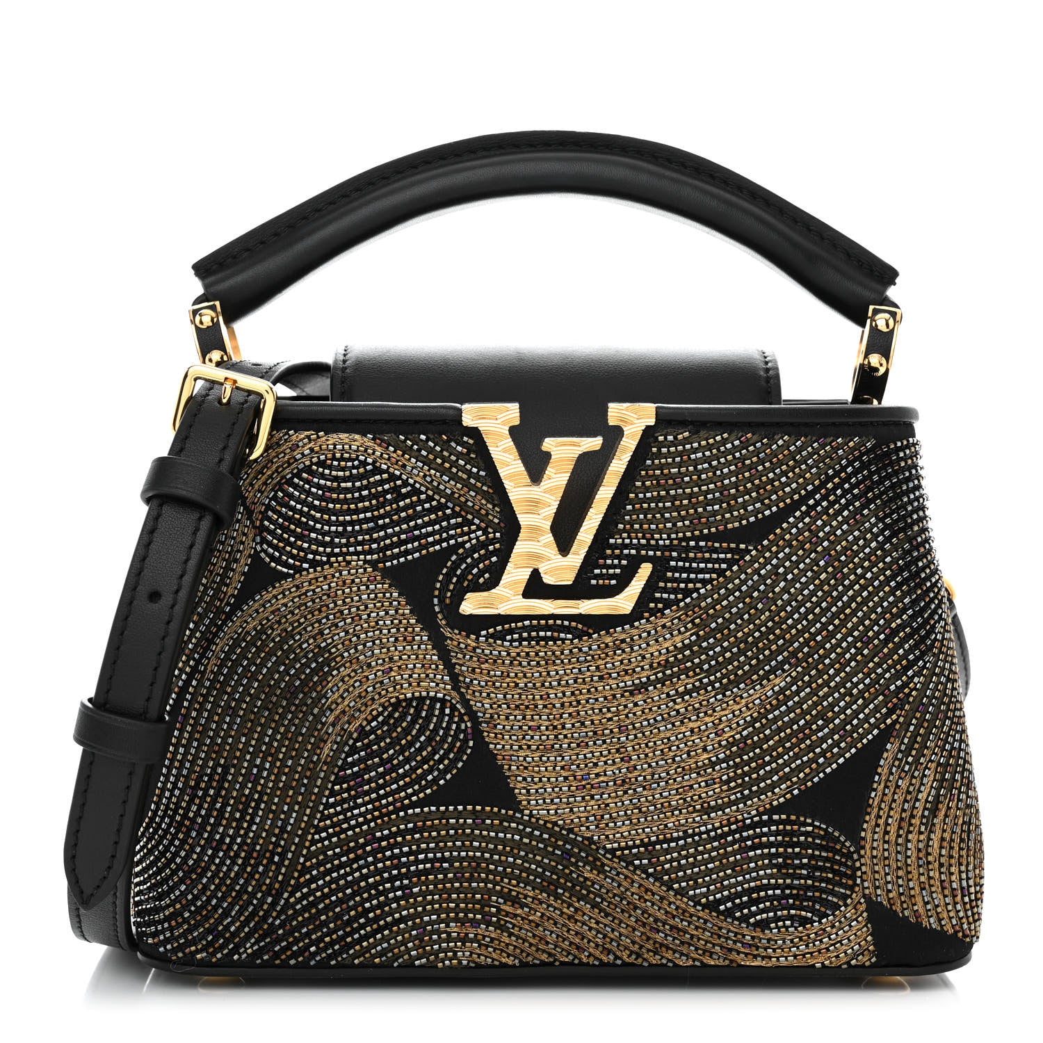 Louis Vuitton Satin Beaded Embroidered Cruella Calfskin Capucines Mini Gold Black 1 of 10