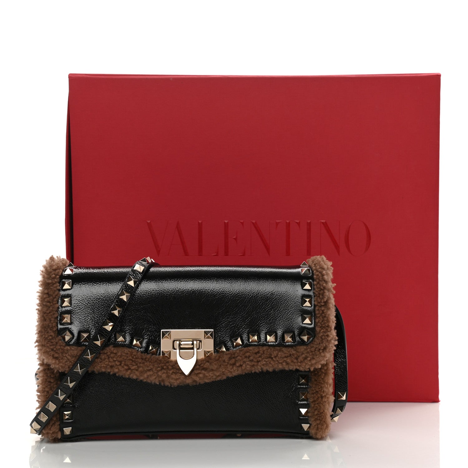 Valentino Garavani Textured Patent Calfskin Shearling Medium Rockstud Flip Lock Crossbody Bag Black 10 of 10