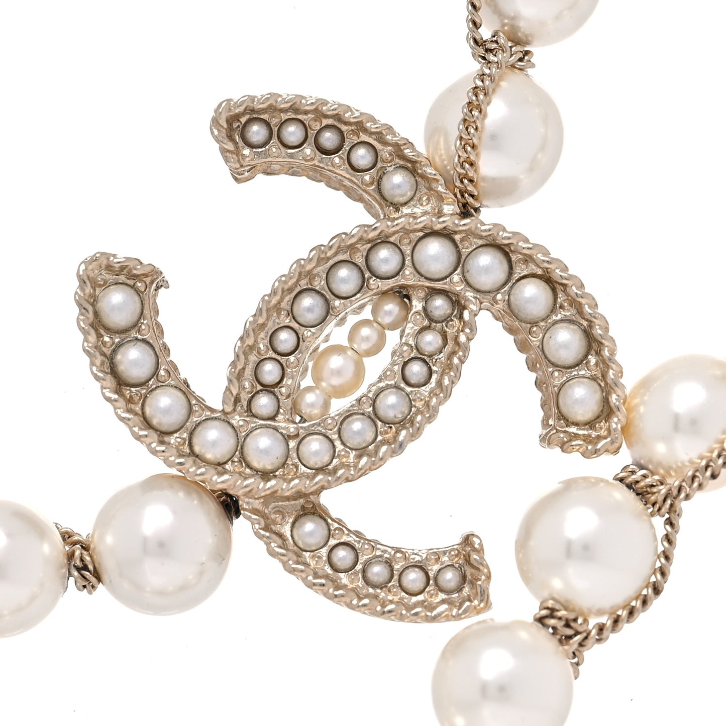Crystal Pearl CC Chain Long Necklace Gold