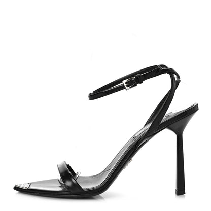 Prada Calfskin Metal Triangle Logo High Heels Sandals 39 Black 1 of 8