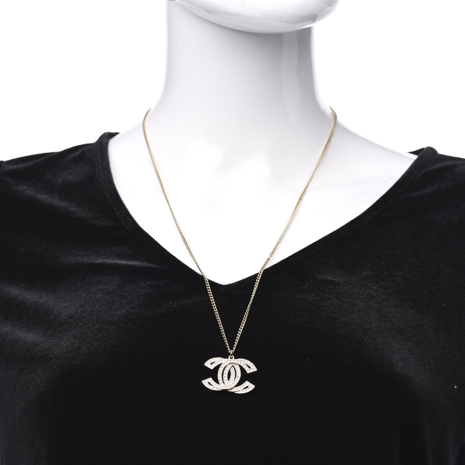 Chanel Metal Crystal Baguette CC Pendant Necklace Gold 2 of 5