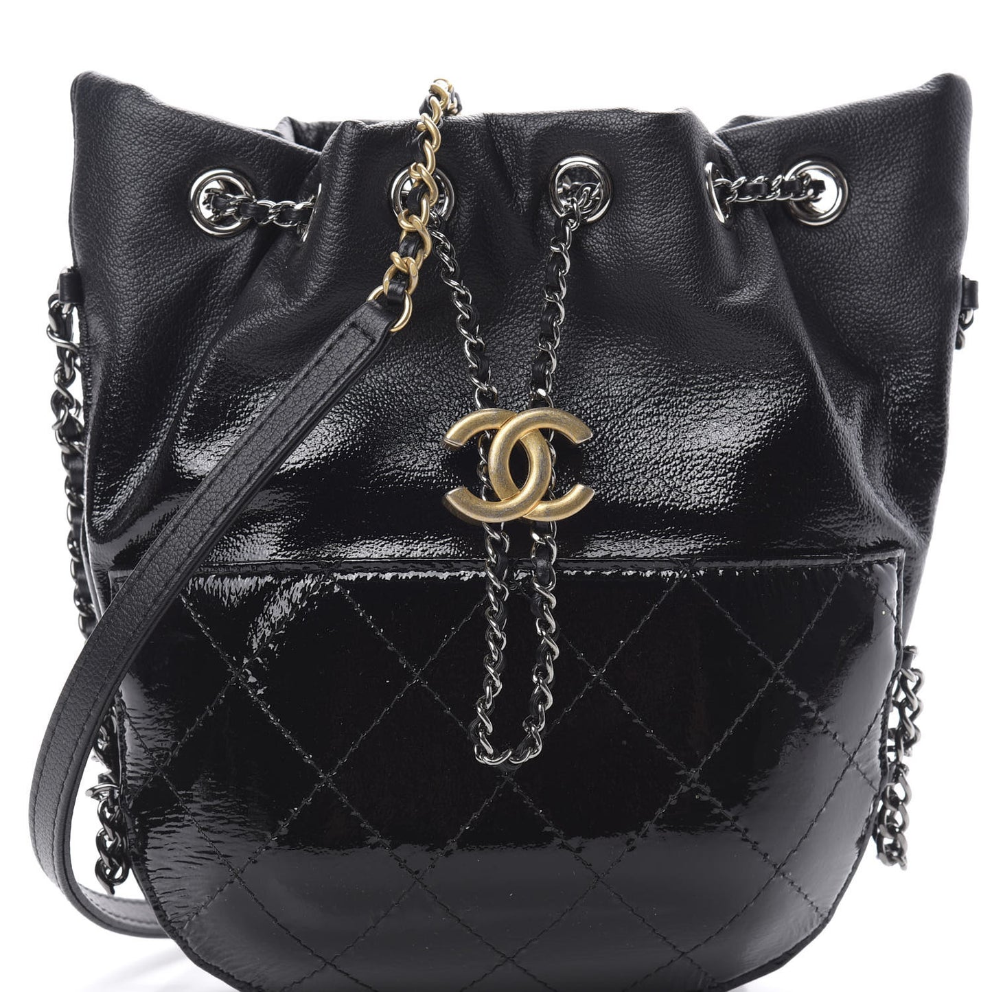 Patent Goatskin Quilted Small Gabrielle Bucket Black