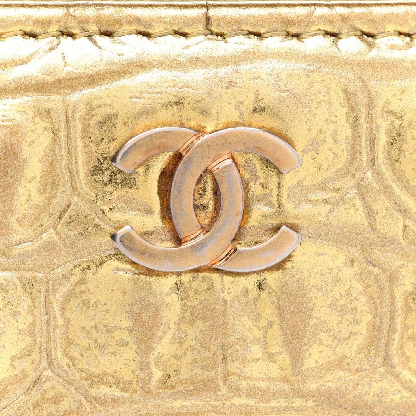 Metallic Calfskin Crocodile Embossed Small Zip Wallet Gold