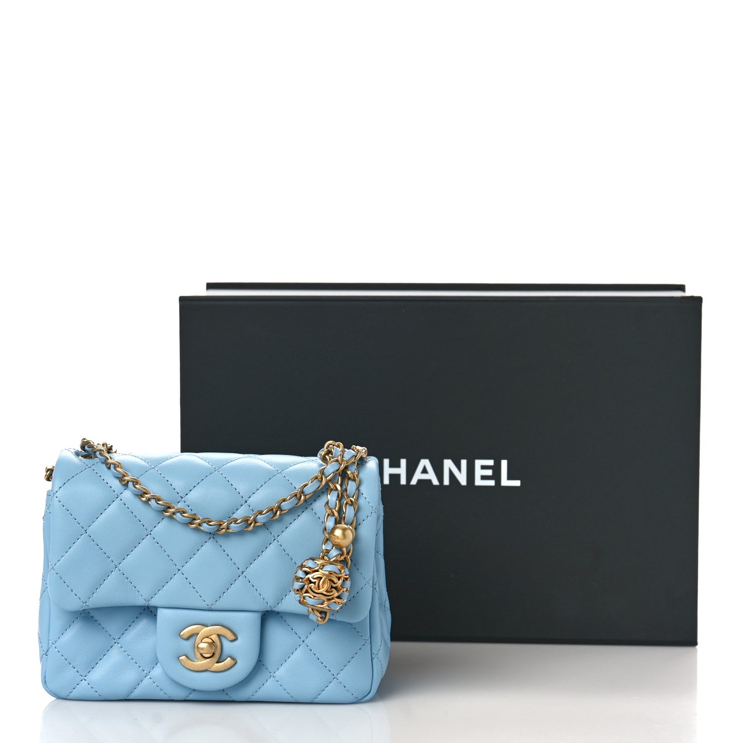 Lambskin Quilted Mini Pearl Crush Flap Light Blue