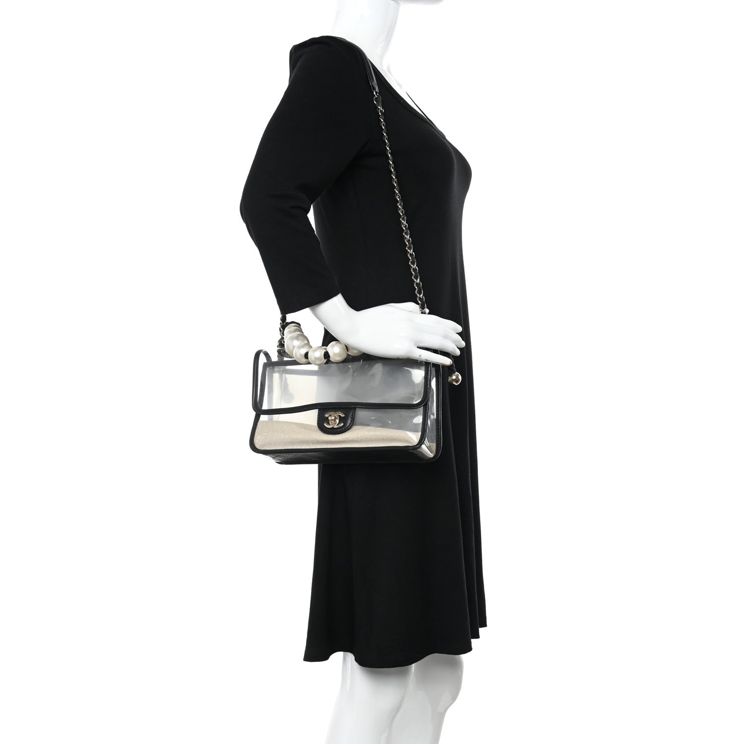 Lambskin PVC Sand By The Sea Flap With Pearl Strap Black