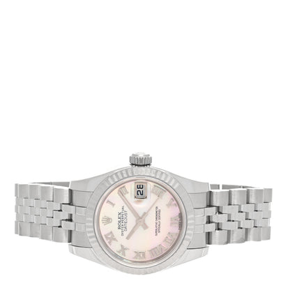 Rolex Stainless Steel 18K White Gold Black Mother of Pearl 26mm Oyster Perpetual Datejust Watch Roman 179174 2 of 5