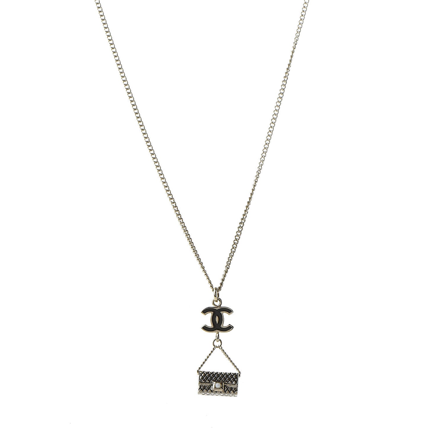 Enamel Pearl CC Bag Drop Necklace Black Gold