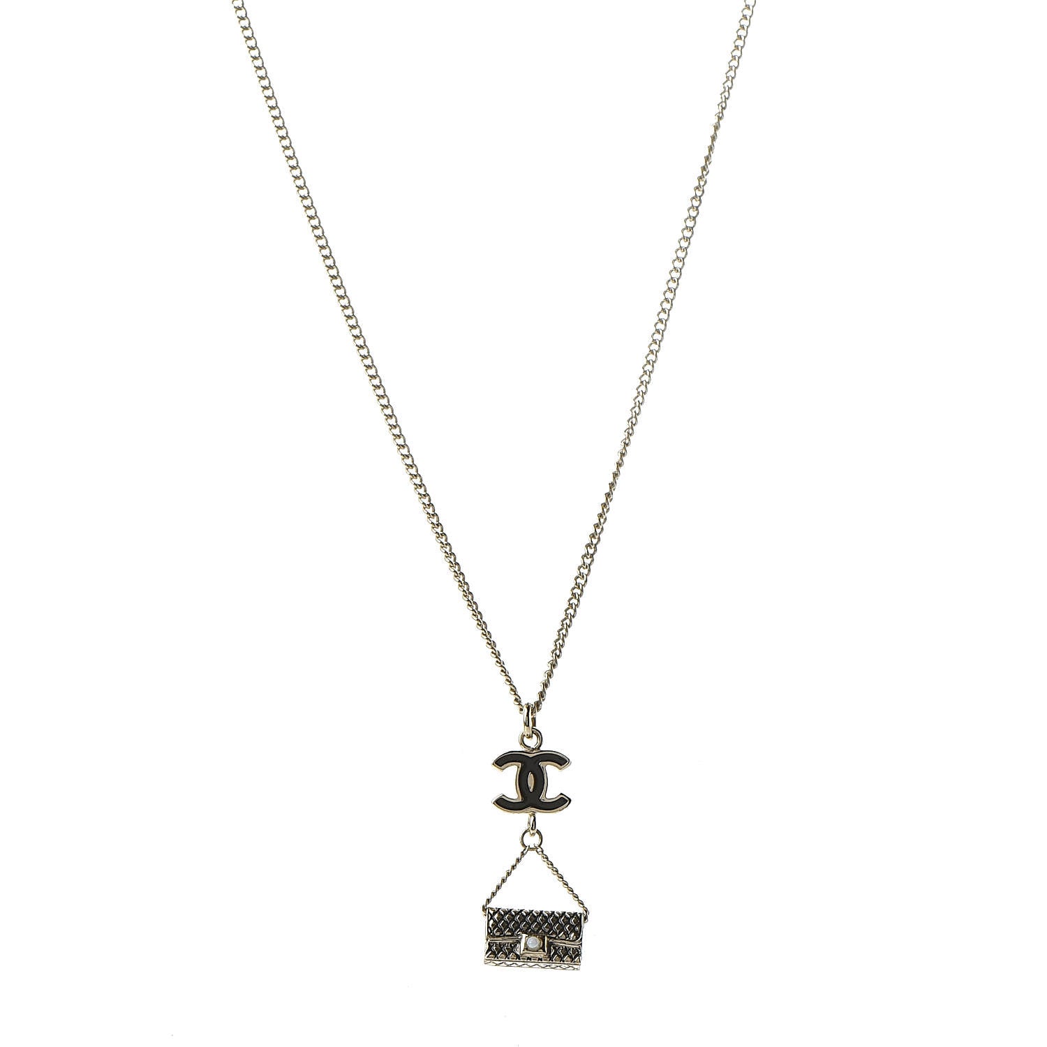 Chanel Enamel Pearl CC Bag Drop Necklace Black Gold 1 of 6