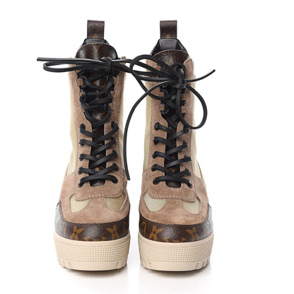 Louis Vuitton Suede Calfskin Monogram Laureate Platform Desert Boots 35 Beige 2 of 9