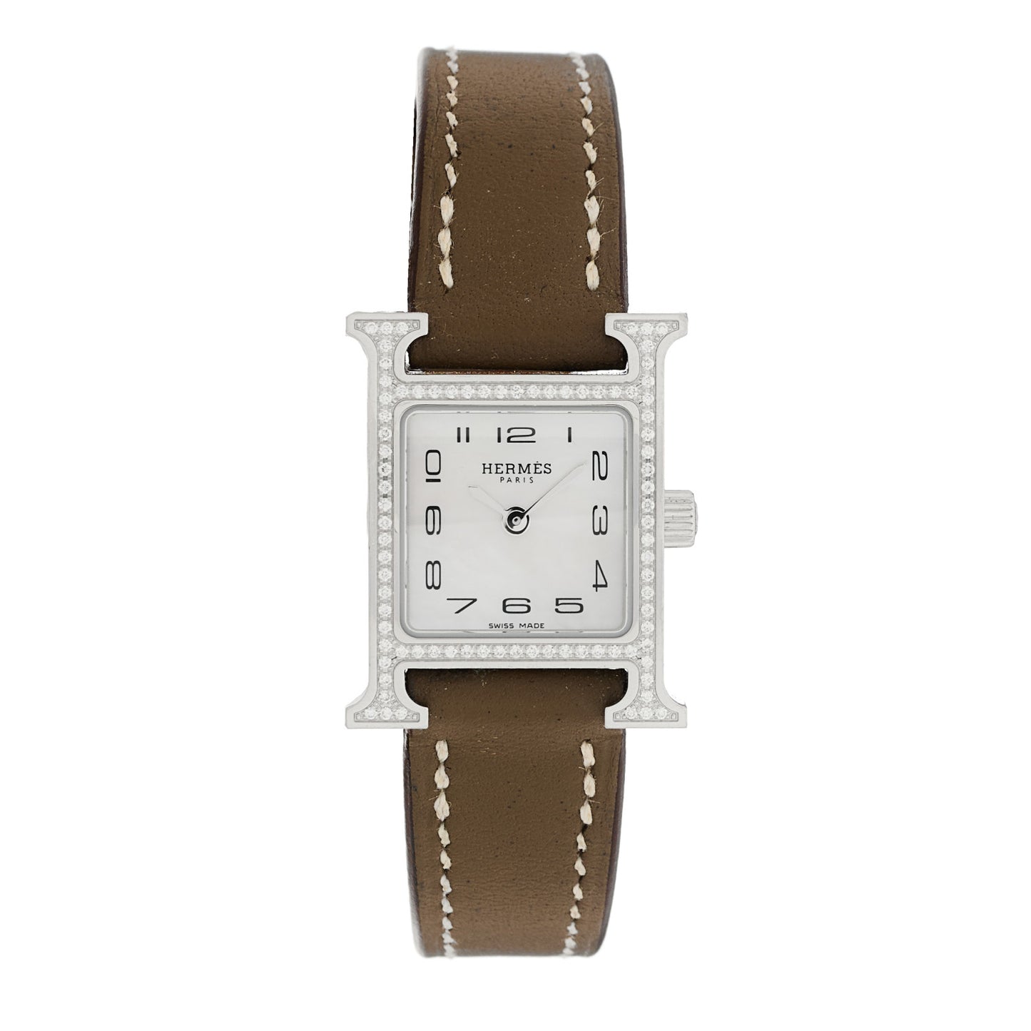Stainless Steel Swift Diamond Bezel Mother of Pearl 17.2mm Heure H Hour Quartz Watch Etoupe