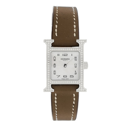 Hermes Stainless Steel Swift Diamond Bezel Mother of Pearl 17.2mm Heure H Hour Quartz Watch Etoupe 1 of 5