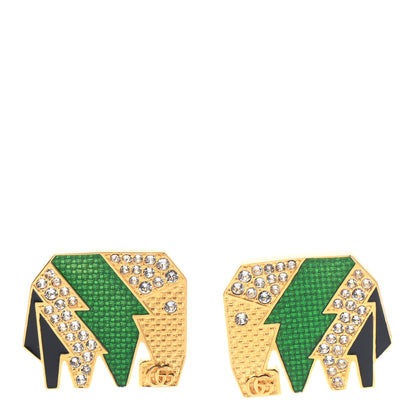 Gucci Metal Crystal Elephant Motif Clip On Earrings Green Gold 1 of 4