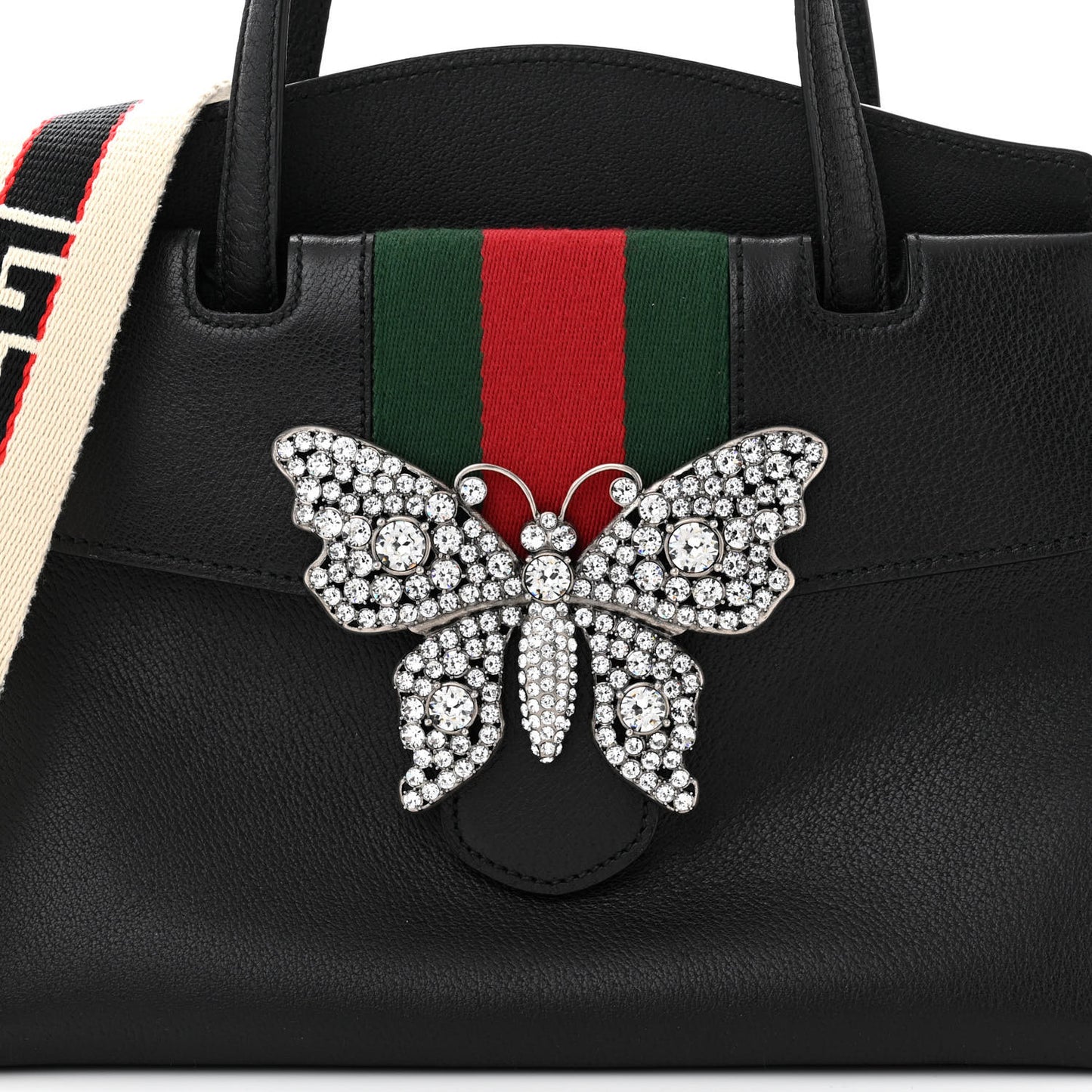 Grained Calfskin Web Crystal Butterfly Stripe Medium Totem Top Handle Bag Black