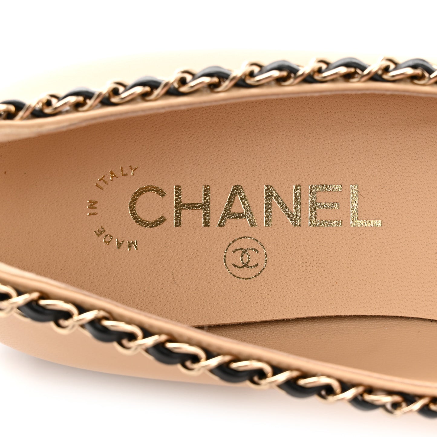 Lambskin Grosgrain Chain Cap Toe Flats 37.5 Beige Black
