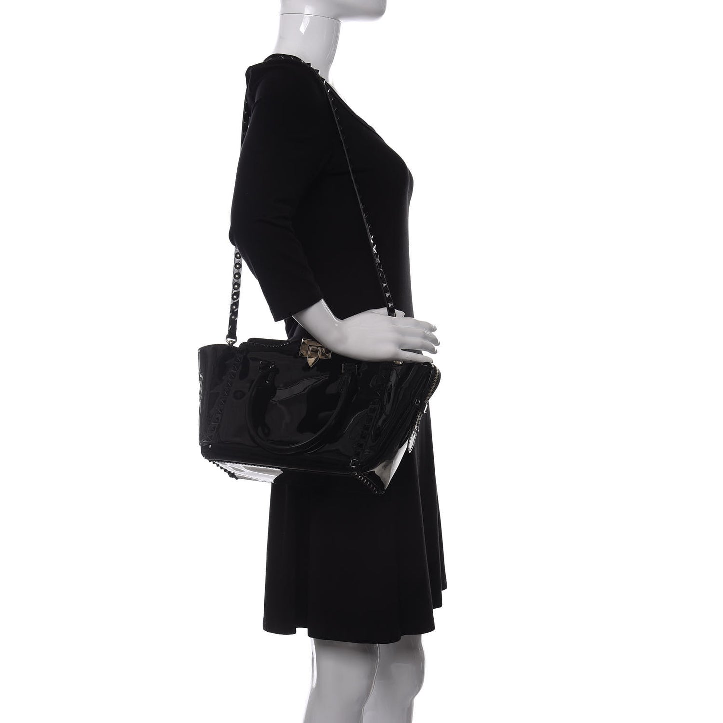 Patent Monochrome Small Rockstud Double Handle Tote Black