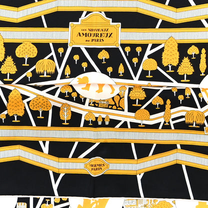 Hermes Silk Les Nouveaux Amoureux de Paris Scarf 90 Black White Jaune 2 of 4