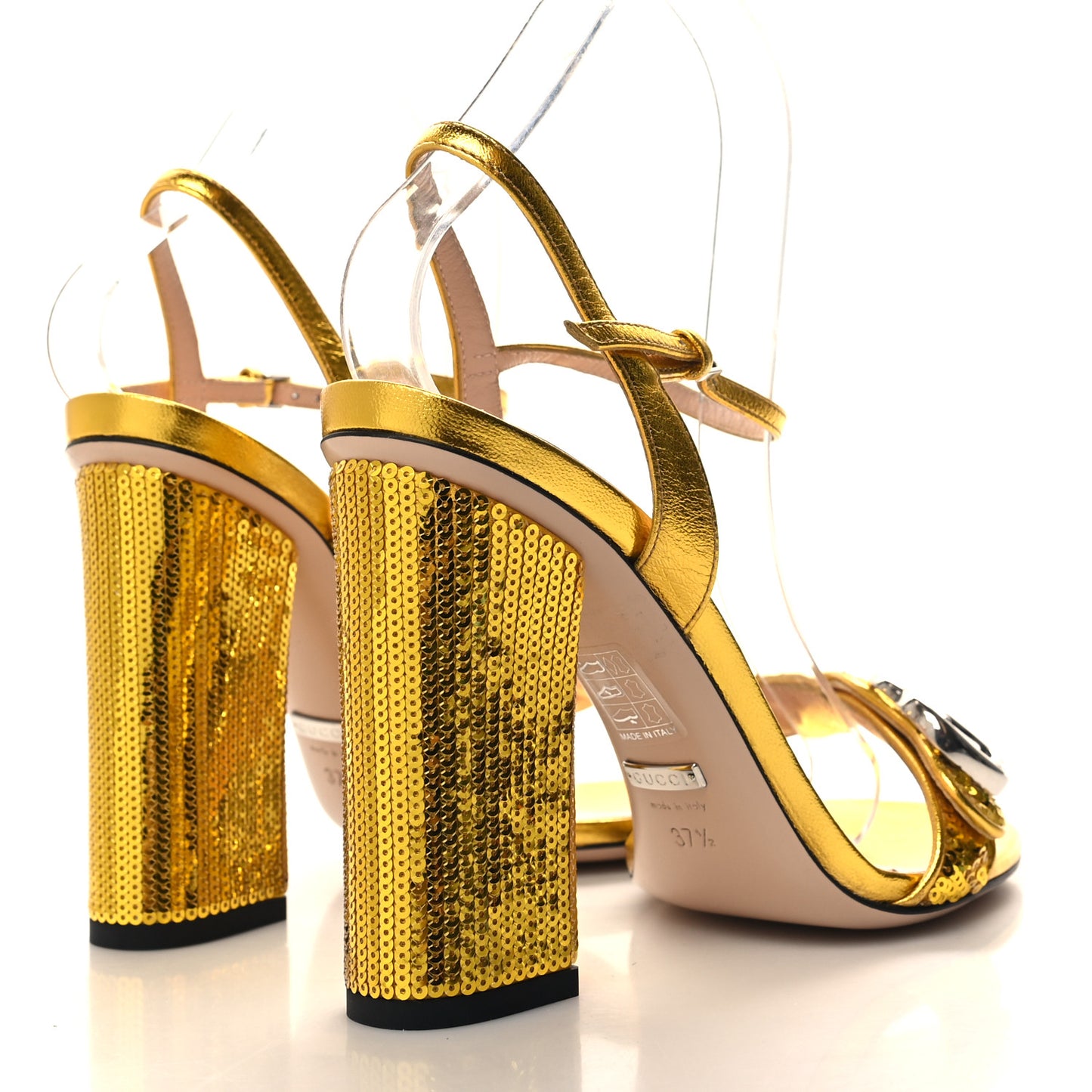 Sequin Satin Malaga Kid GG Marmont Ankle Wrap 75mm Sandals 37.5 Gold Yellow