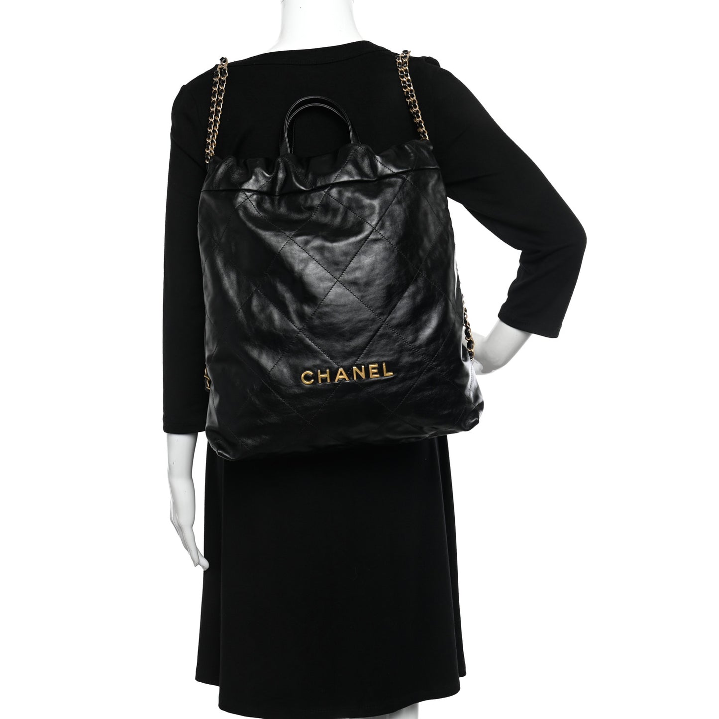 Shiny Calfskin Quilted Chanel 22 Backpack Black