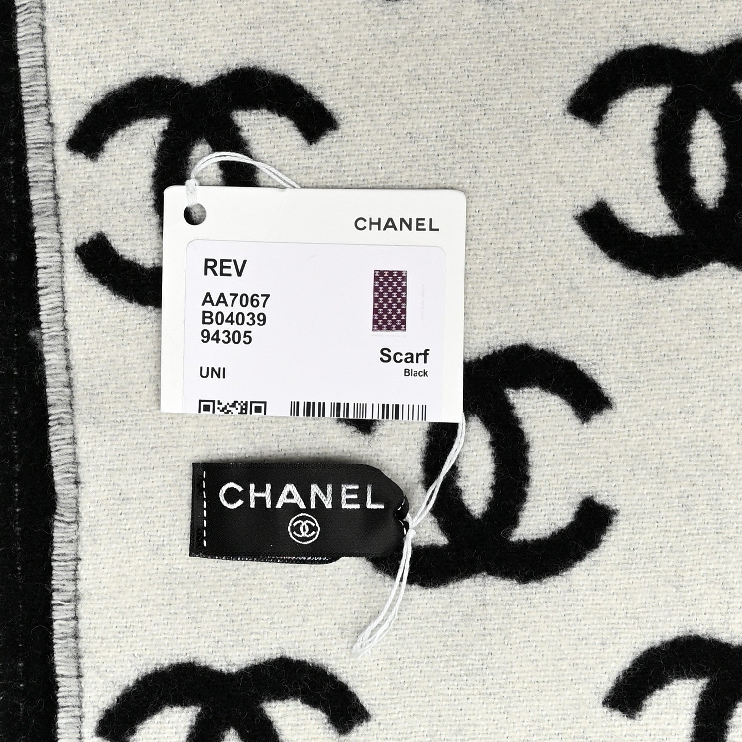 Chanel Wool Cashmere CC Scarf Black White 3 of 3