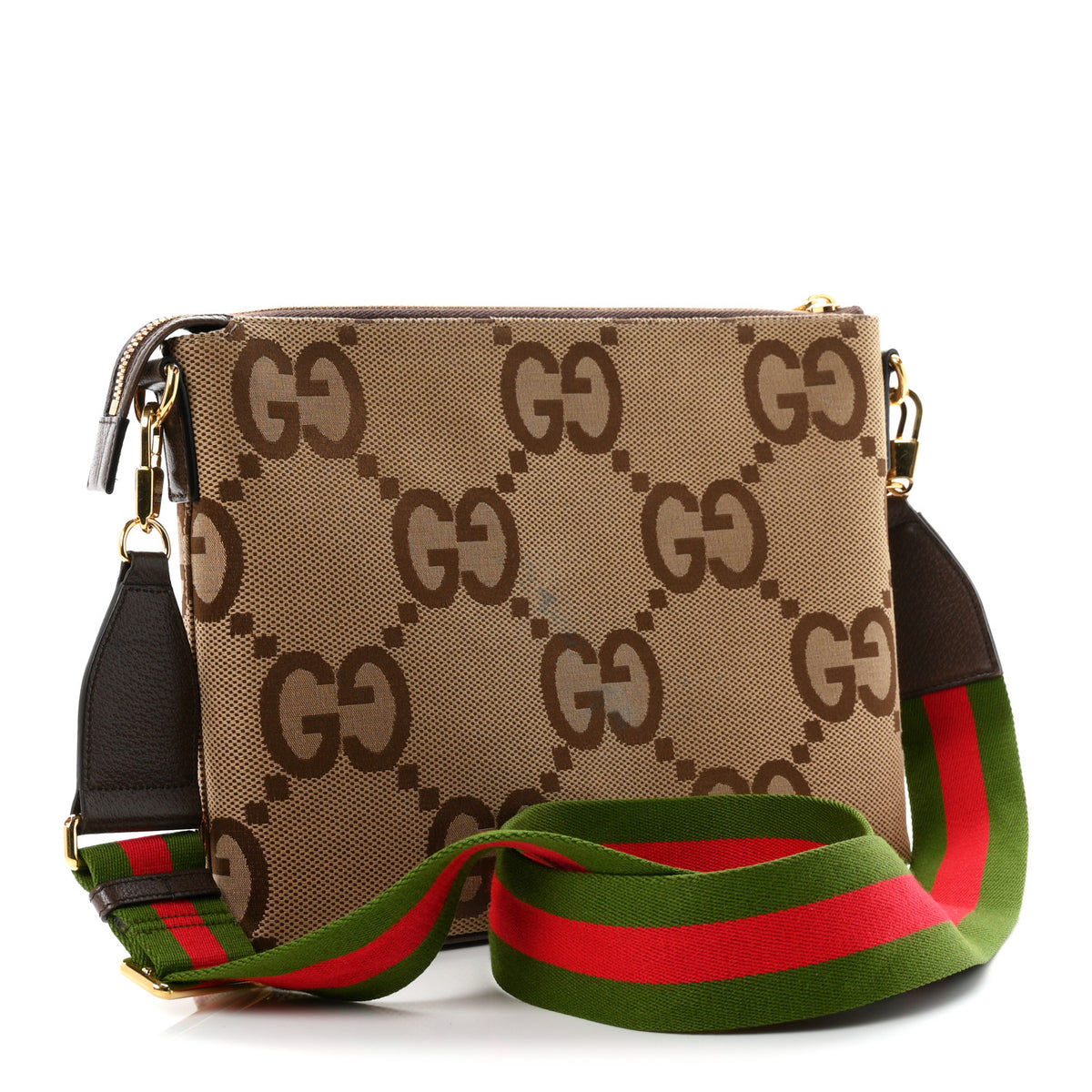 Gucci Monogram Jumbo GG Textured Dollar Calfskin Web Wristlet Messenger Bag Camel Ebony New Acero 3 of 11