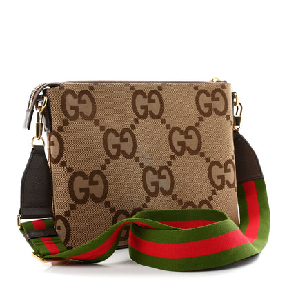 Gucci Monogram Jumbo GG Textured Dollar Calfskin Web Wristlet Messenger Bag Camel Ebony New Acero 3 of 11