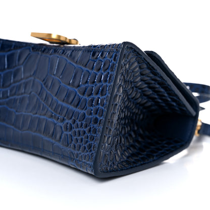Balenciaga Shiny Calfskin Crocodile Embossed Small Hourglass Top Handle Bag Navy 8 of 9