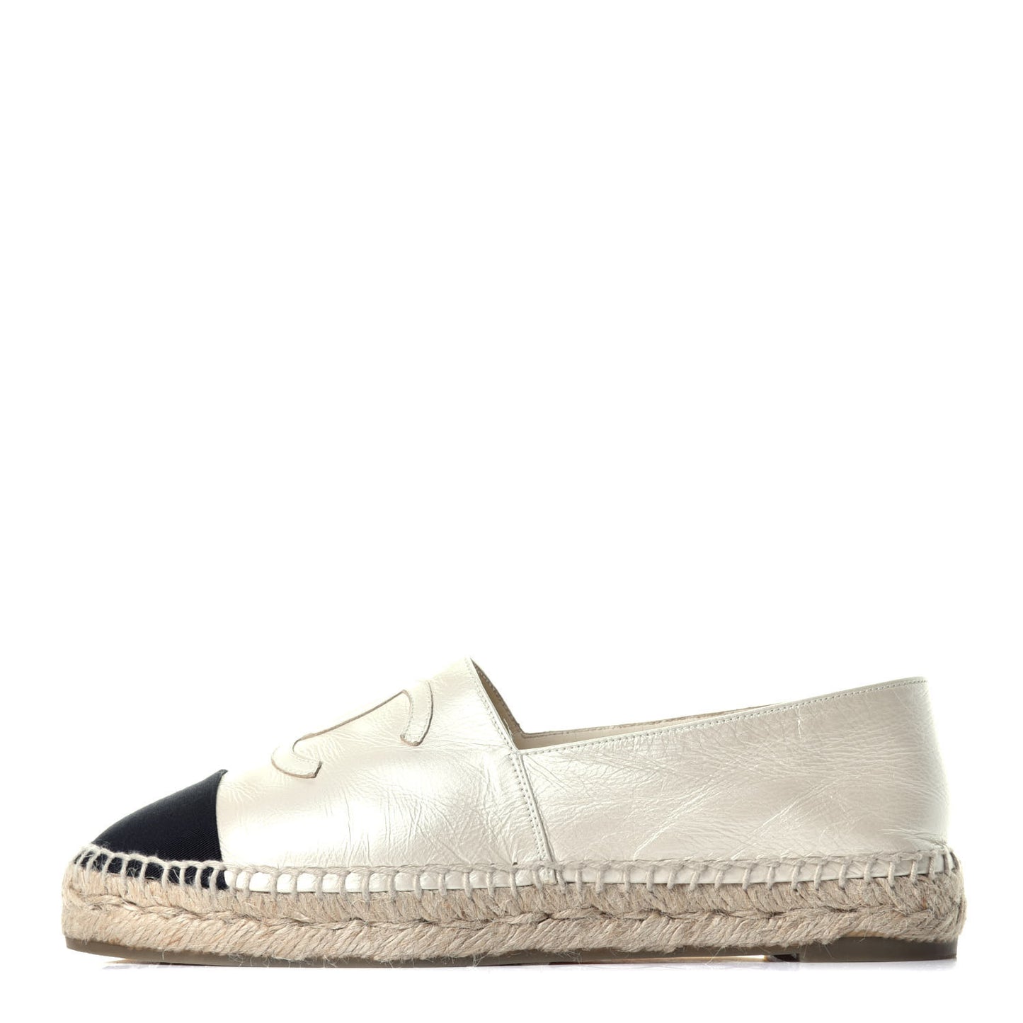 Metallic Calfskin Grosgrain CC Espadrilles 37 Ivory Black