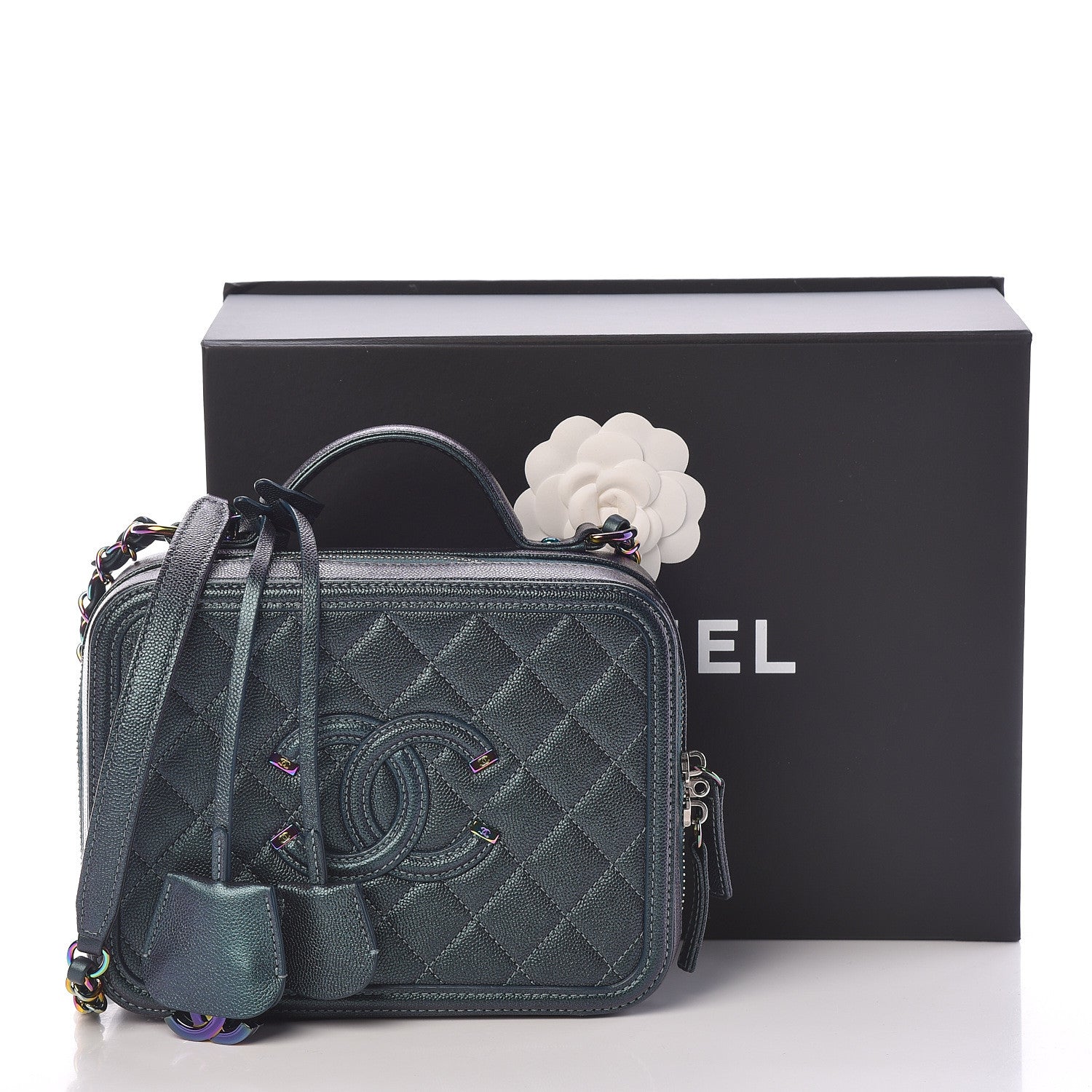 Chanel Iridescent Caviar Quilted Medium CC Filigree Vanity Case Dark Turquoise 11 of 11