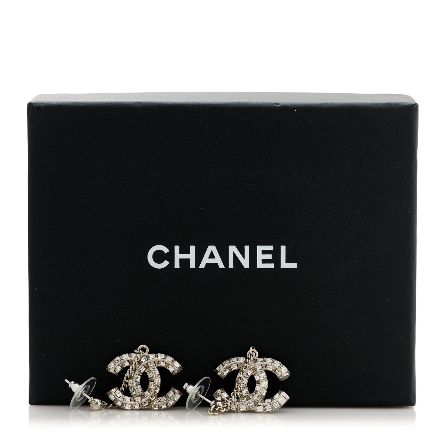 Baguette Crystal CC Drop Earrings Silver