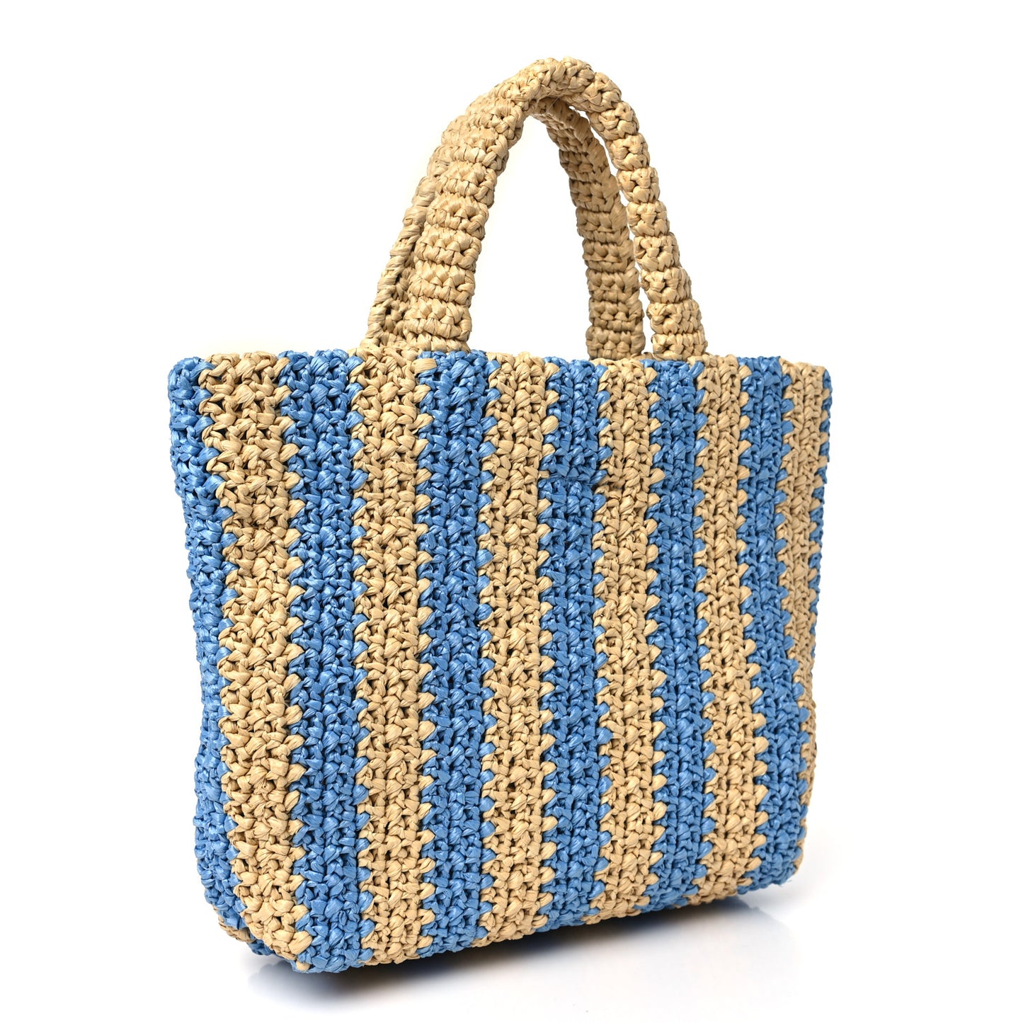 Yarn Raffia Effect Crochet Striped Small Logo Tote Naturale Celeste