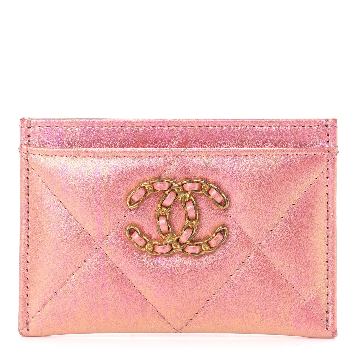 Iridescent Calfskin Quilted Chanel 19 Card Holder Pink