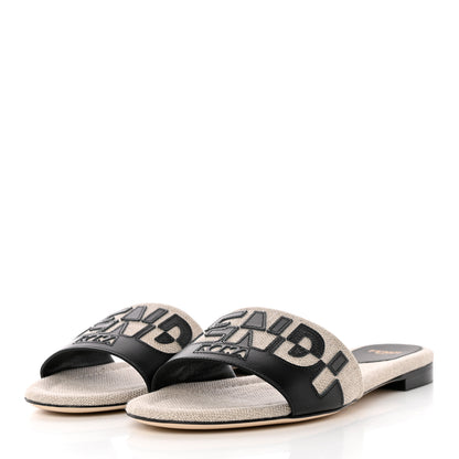 Fendi Vitello Canvas Signature Flat Slide Sandals 37 Black Grezzo 3 of 16