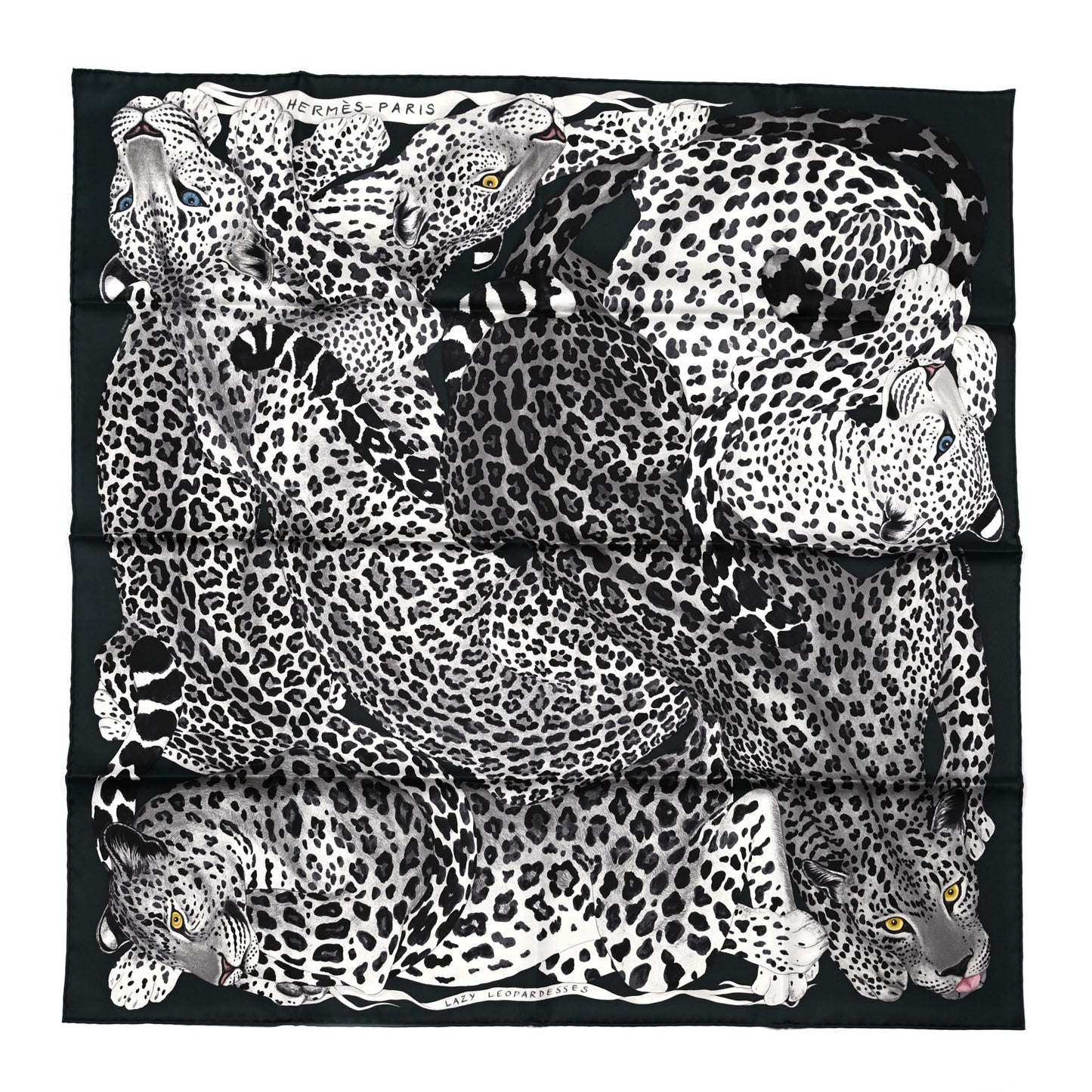 Silk Twill Lazy Leopardesses Scarf 90 Vert Black Gris