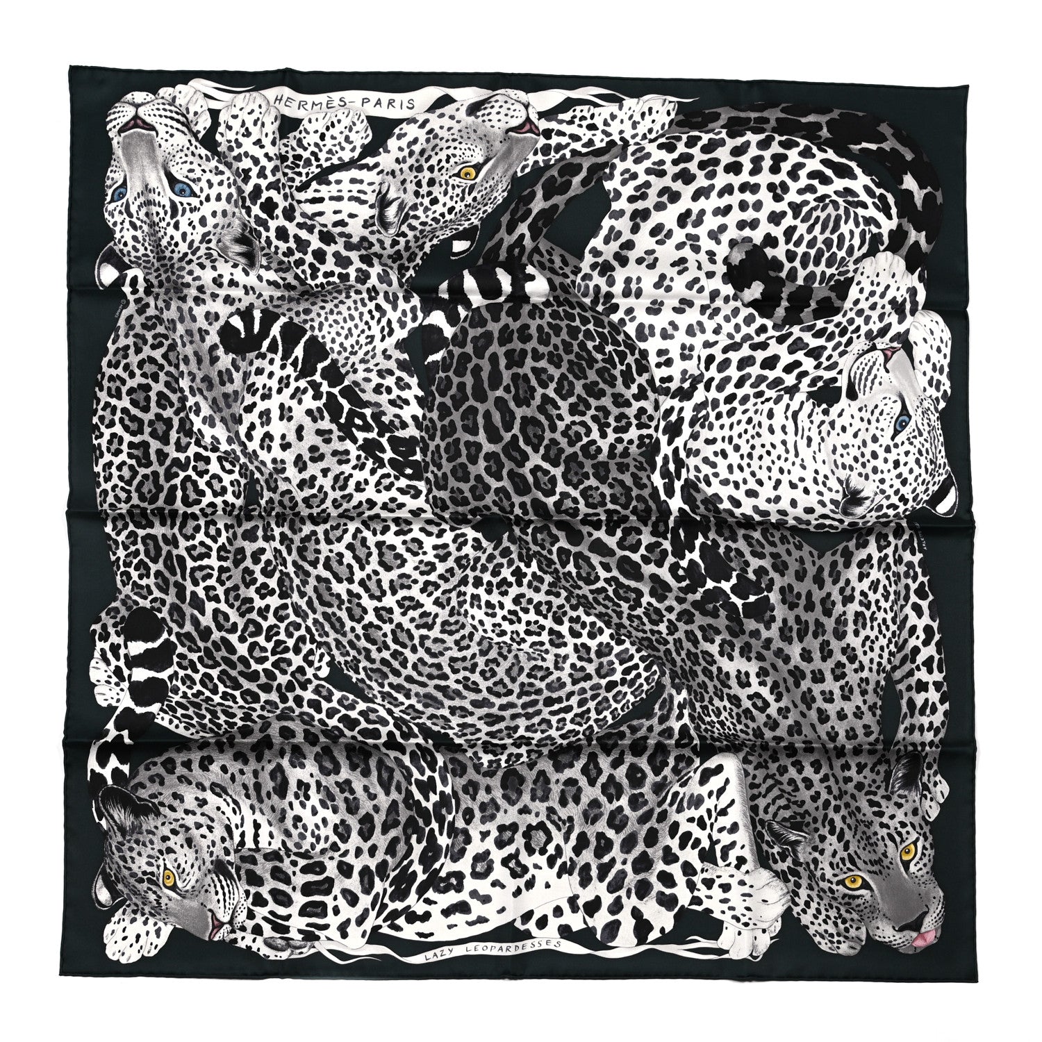 Hermes Silk Twill Lazy Leopardesses Scarf 90 Vert Black Gris 1 of 6