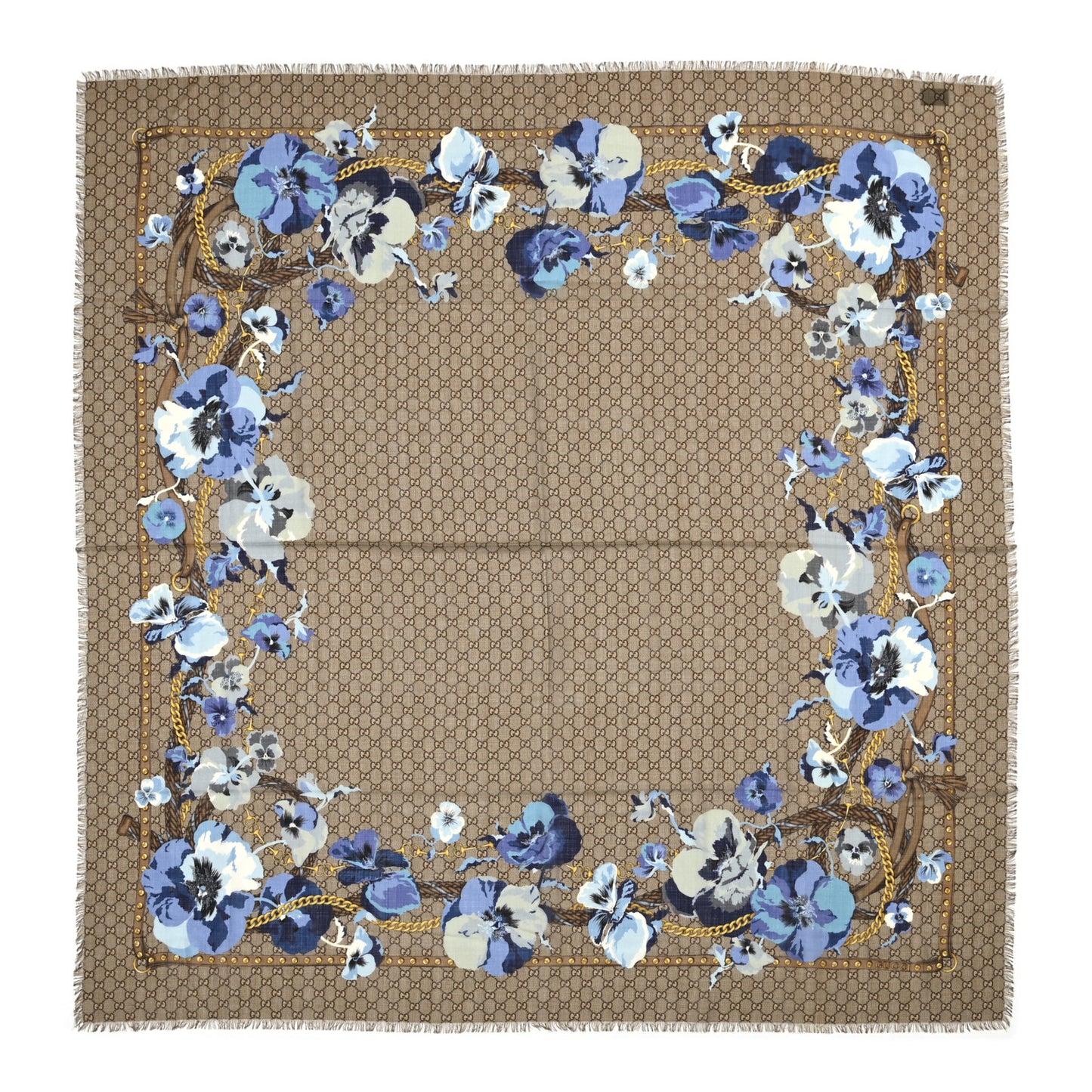 Wool Jacquard GG Monogram Big Panshie Fringe Shawl Sapphire Beige