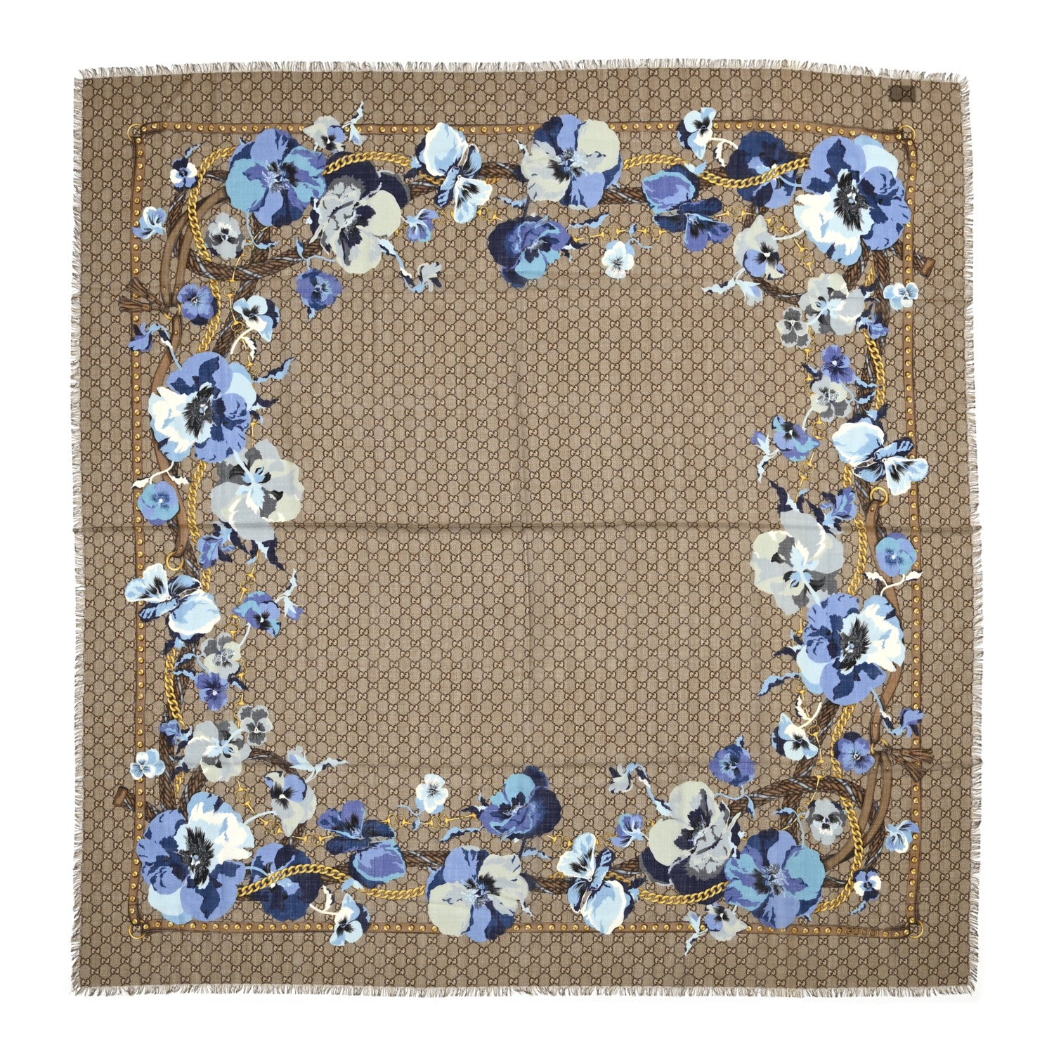 Gucci Wool Jacquard GG Monogram Big Panshie Fringe Shawl Sapphire Beige 1 of 4