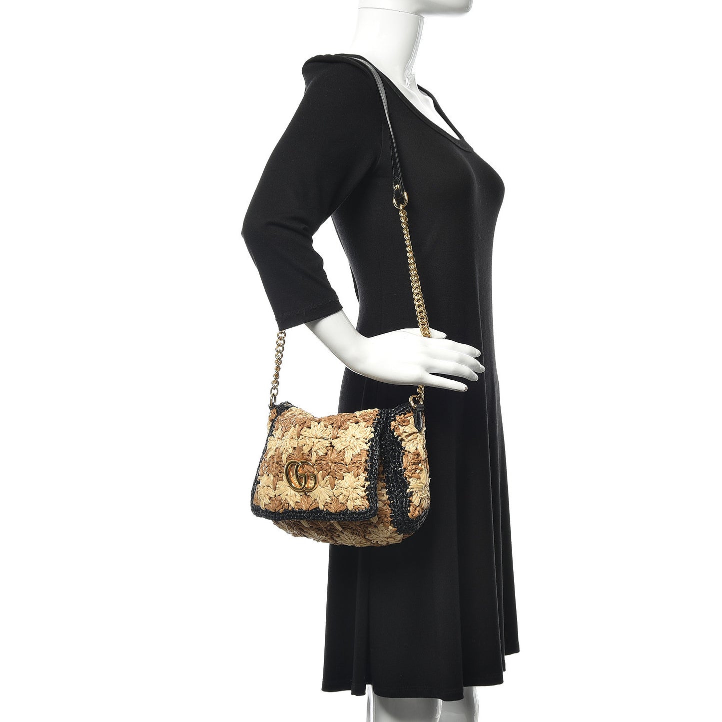 Raffia Azalea Calfskin Crochet Flower Small GG Marmont Shoulder Bag Natural Ecru Black