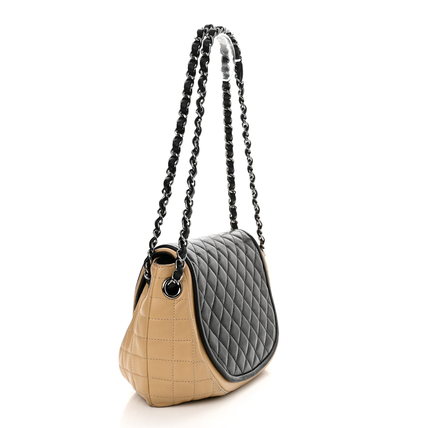 Lambskin Quilted Classic Twist Crescent Flap Black Beige