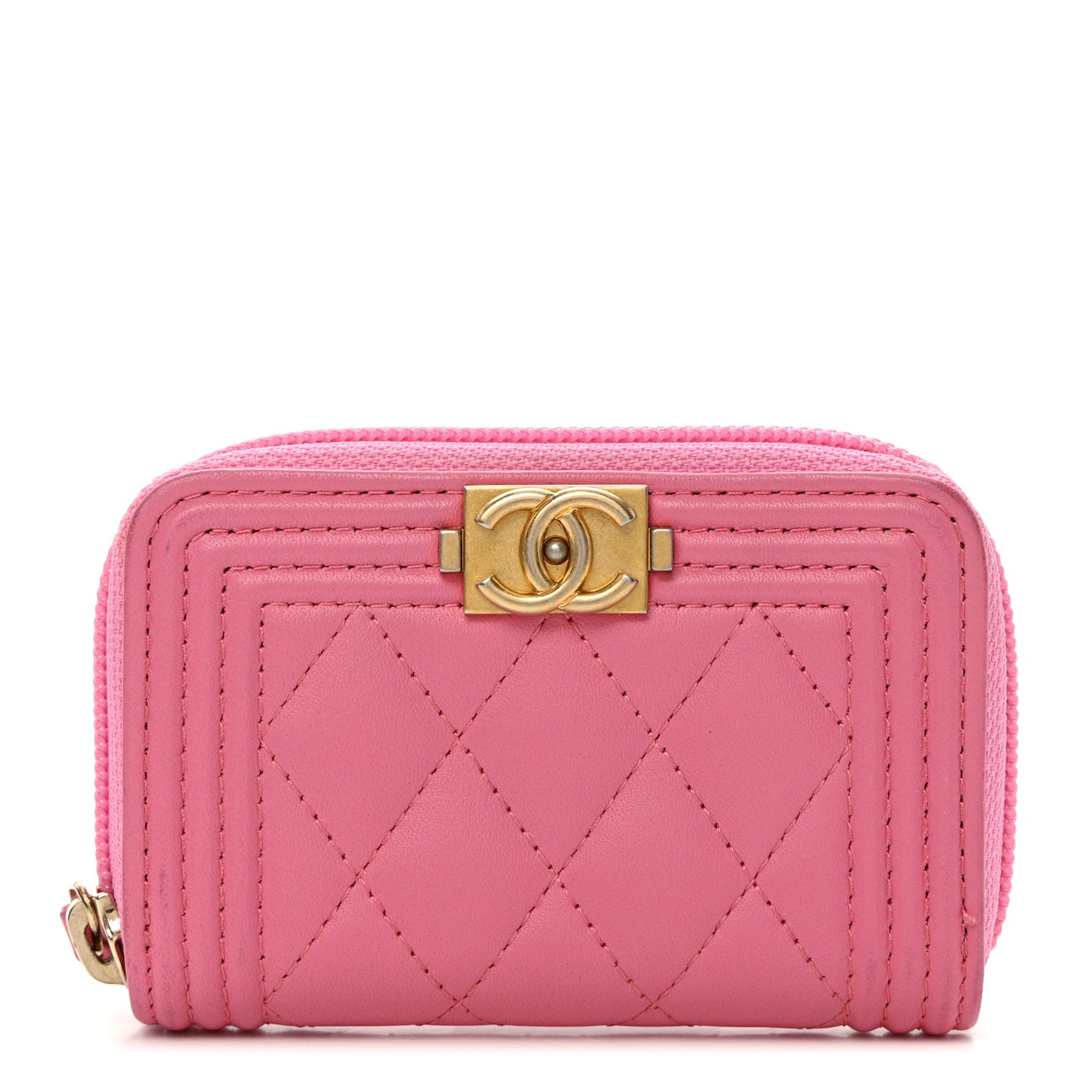 Lambskin Quilted Boy Zip Around Coin Purse Wallet Pink