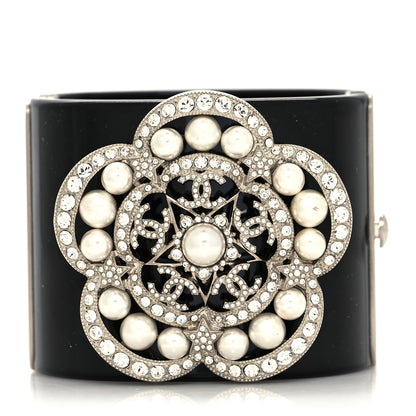 Chanel Resin Crystal Pearl Flower CC Cuff Black 1 of 6
